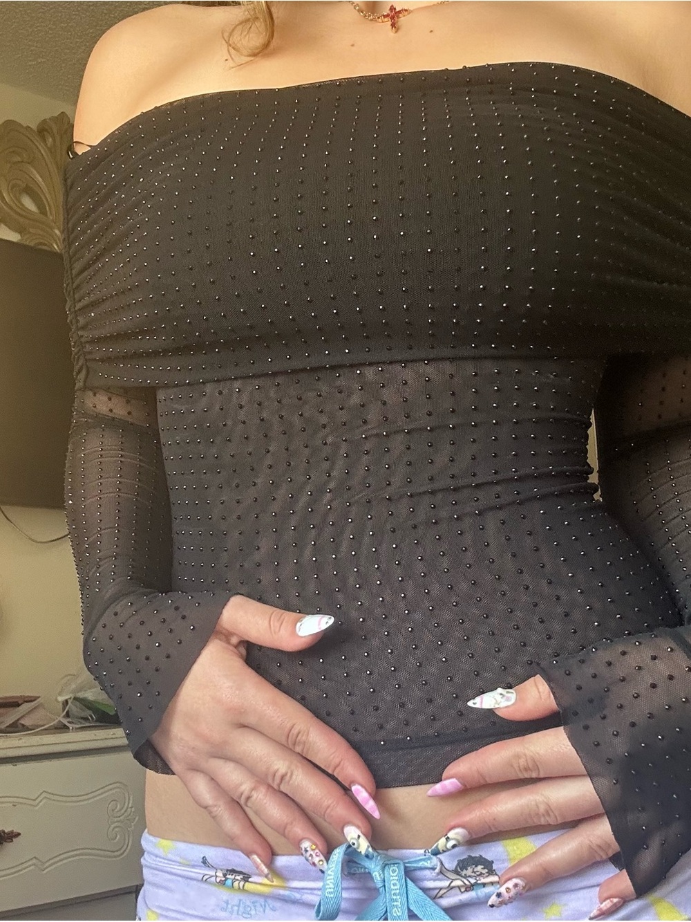 Forever 21 Black Off-Shoulder Mesh Top with Stud Accents